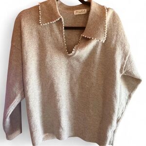 Pearl-Trim V-Neck Sweater in Beige